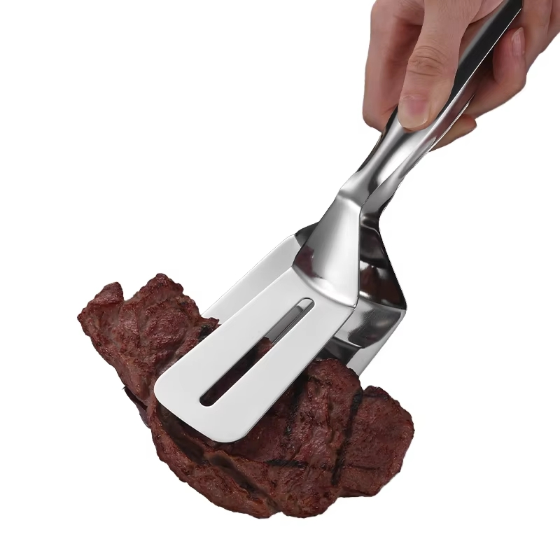 Stainless Steel 2-in-1 Kitchen Barbecue Steak Clamp Fish Spatula Food Clips Tongs