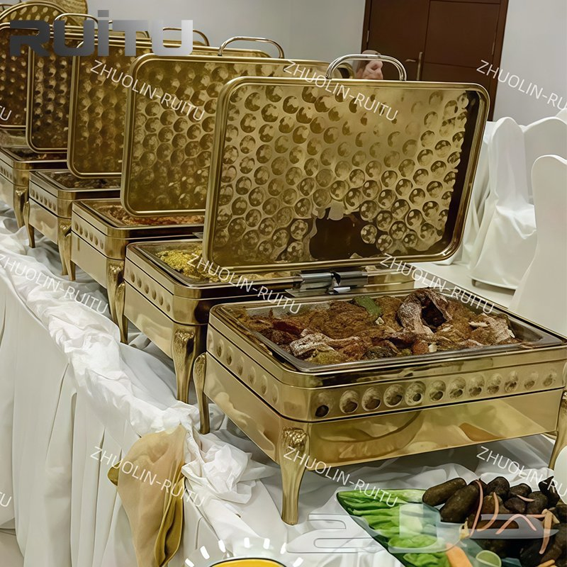 Restaurant Equipment Rose Gold Chaffer Dishes Luxury Glass Lid Induction 9L Cheffing Dishes Food Catering Stainless Steel Food Warmer Buffet Chafing Dish