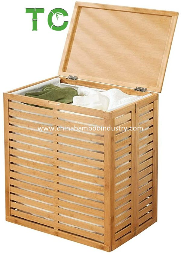 Large Capacity Bamboo Laundry Hamper Basket with Removable Fabric Liner and Decorative Wood Slats Portable and Foldable Laundry Hamper with Lid
