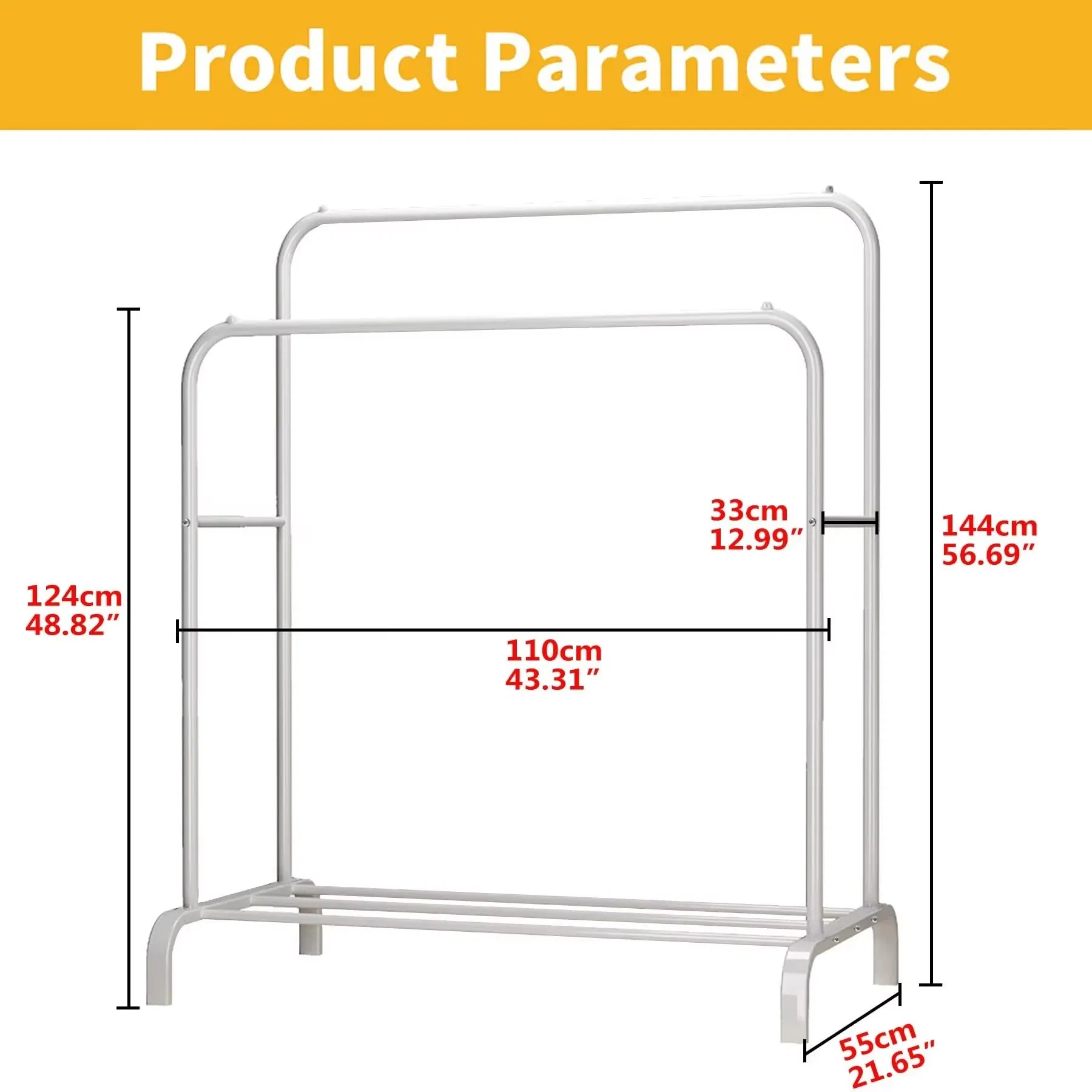 Double Row Double Pole Rack Floor Standing Clothes Hanger Metal with Wheel