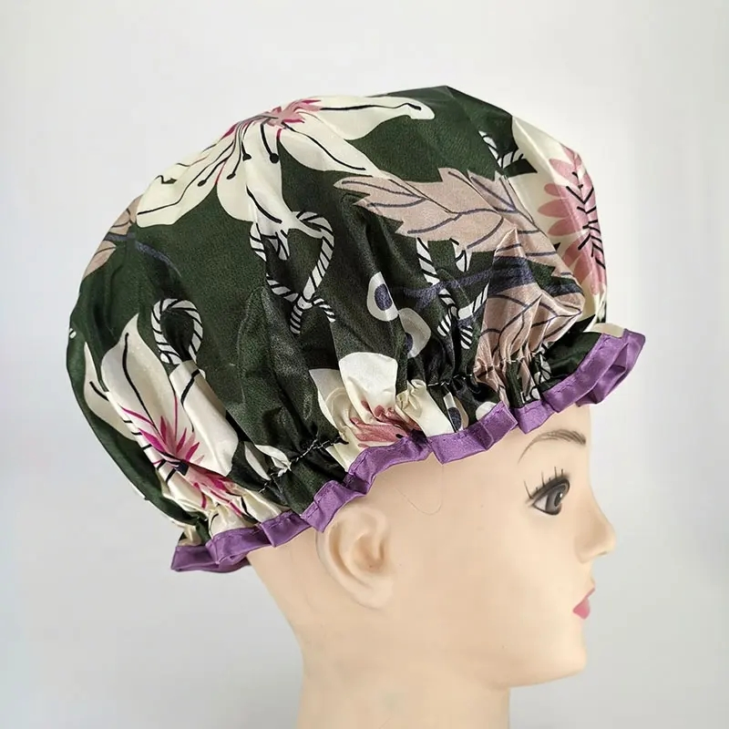 High Quality Greenish Lily Printing Satin Shower Caps