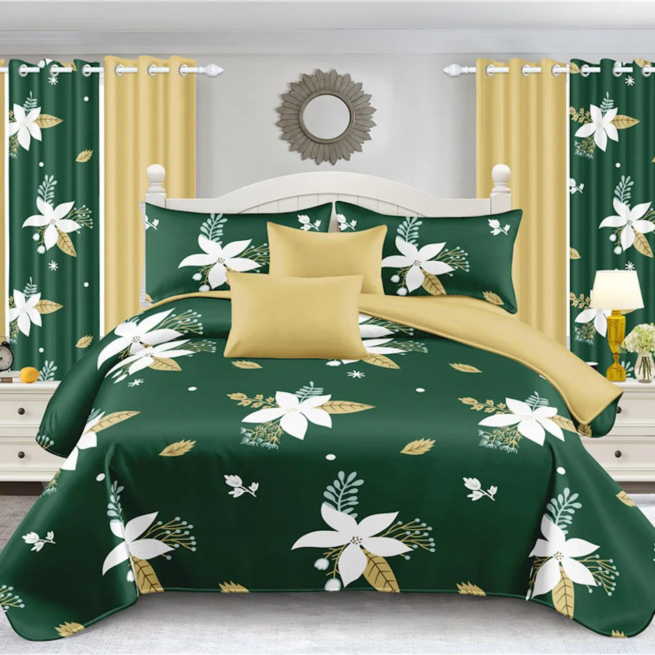 Green Plant Floral Printing 100% Microfiber Polyester Duvet Quilted Bed Cover Pillowcase Curtains Custom Bed Sheets Guangdong Home Bedding Set King Bedspread