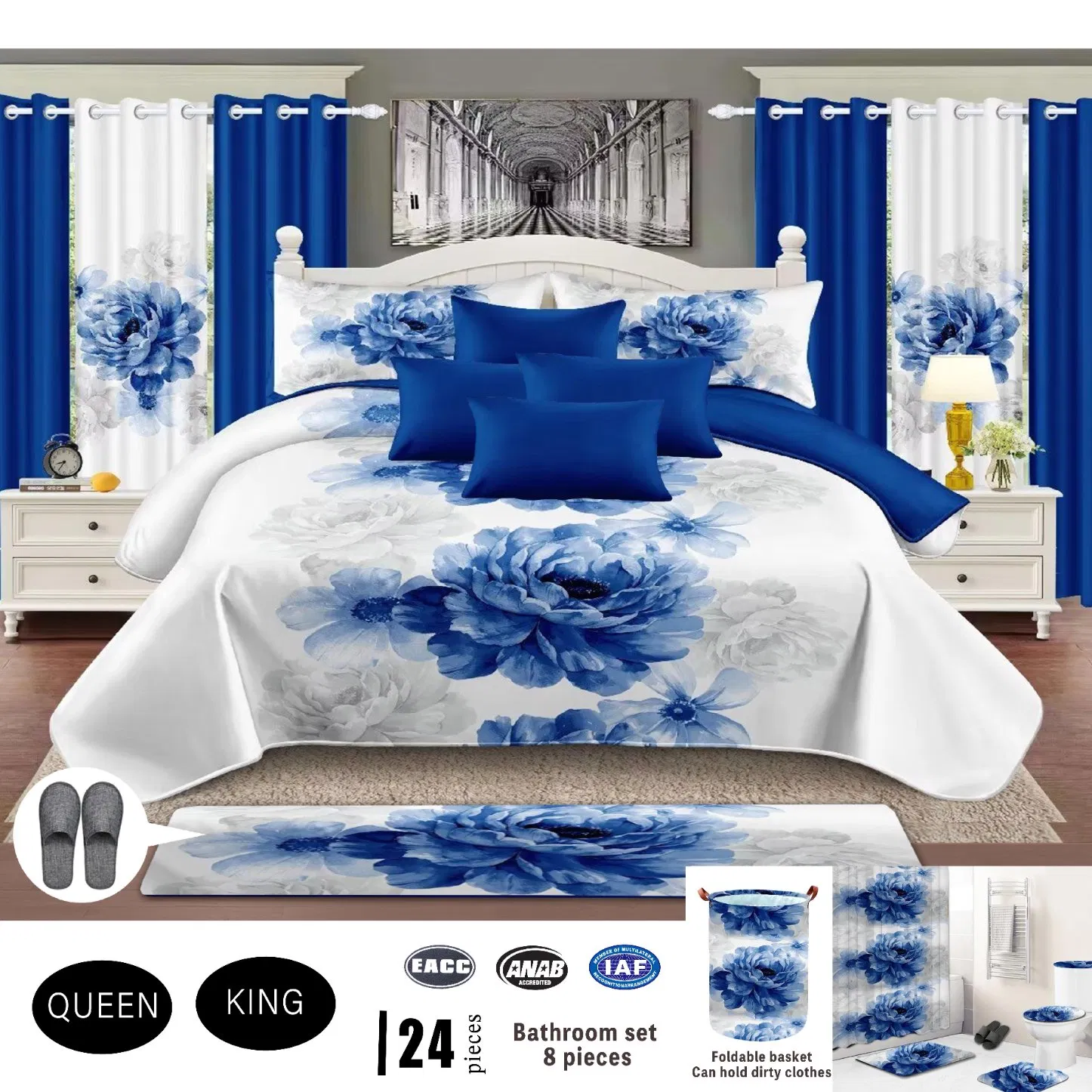 White 24PCS Home Textile 8-Piece Bathroom Bedding Set Queen King Size Bed Cover Premium Pillow Shams Bed Sheets Bedspread with Curtains