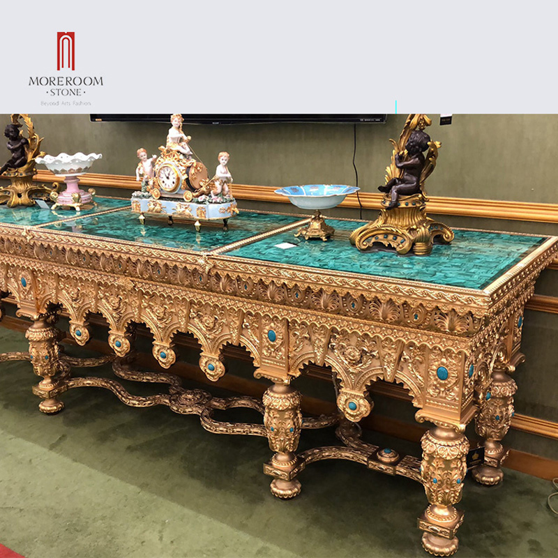 Luxury Villa Furniture Bronze Metal Mounted Malachite Green Marble Stone Countertop