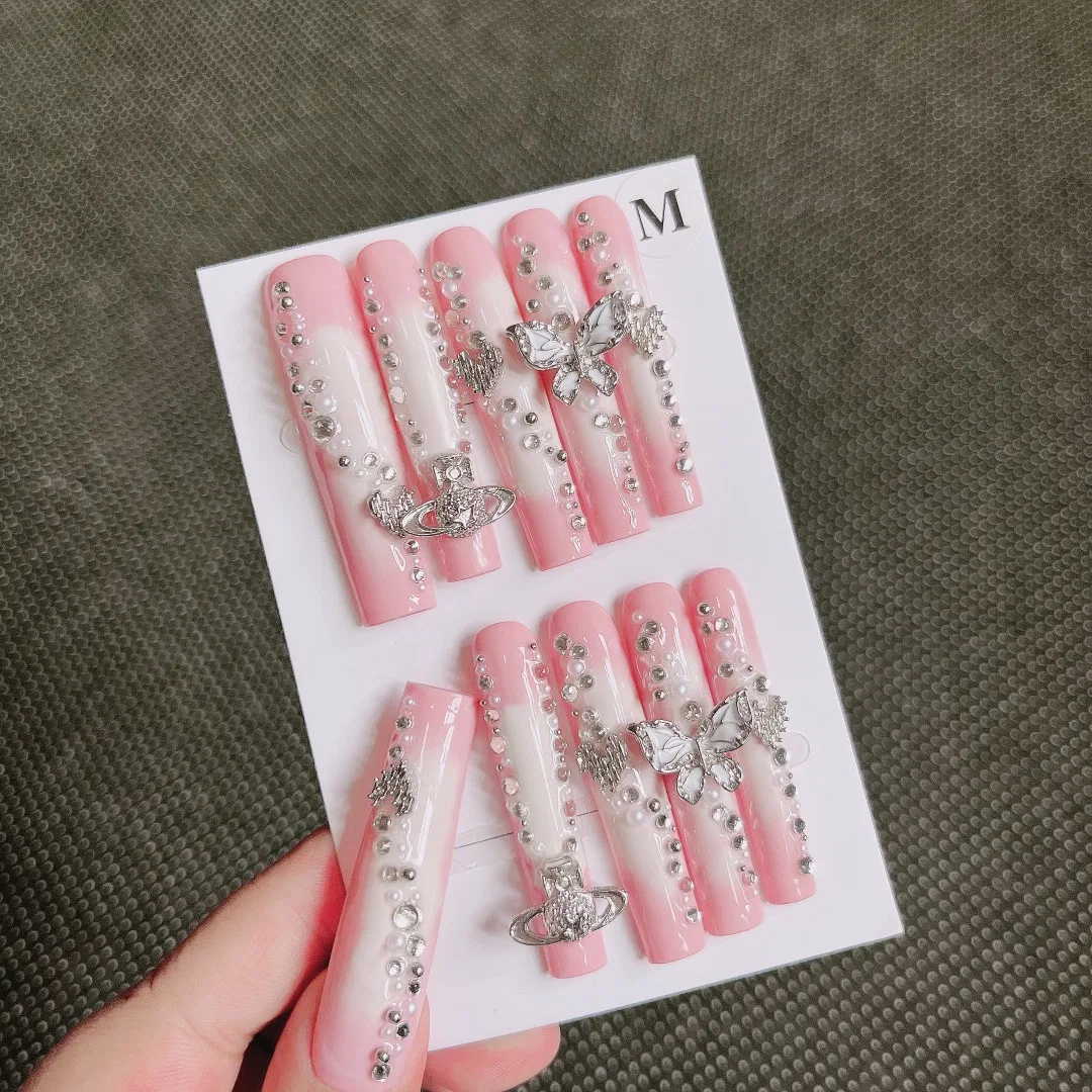 Super Long Coffin Pink Rhinestone Acrylic French Nail Art Luxury Press on Nails False Artificial Fingernails Fake Nails