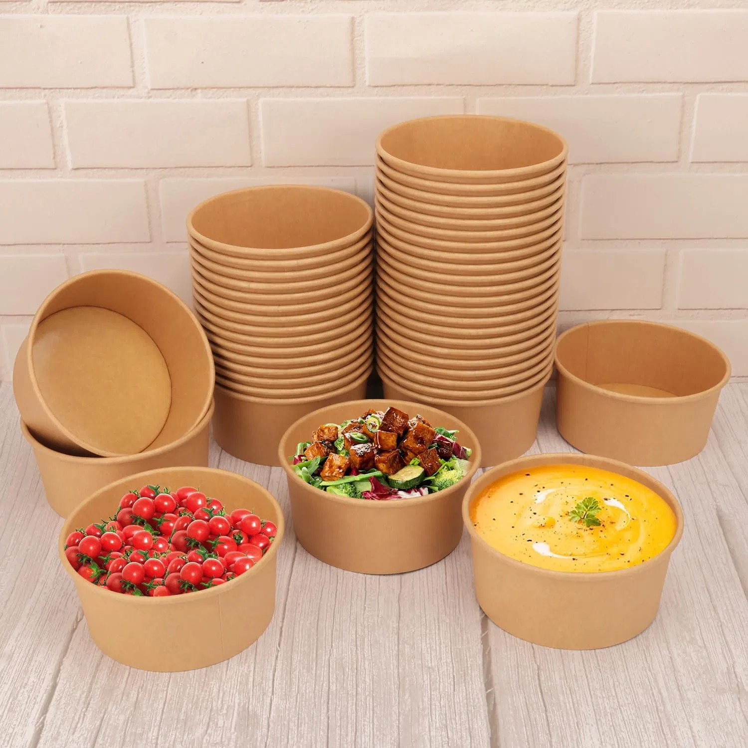 Kraft Paper Bowls, Disposable Soup/Salad Serving Bowls, Large Paper Bowls, Anti-Spill and Anti-Oil Soup Bowls, Disposable Food Containers for Hot/Cold Food