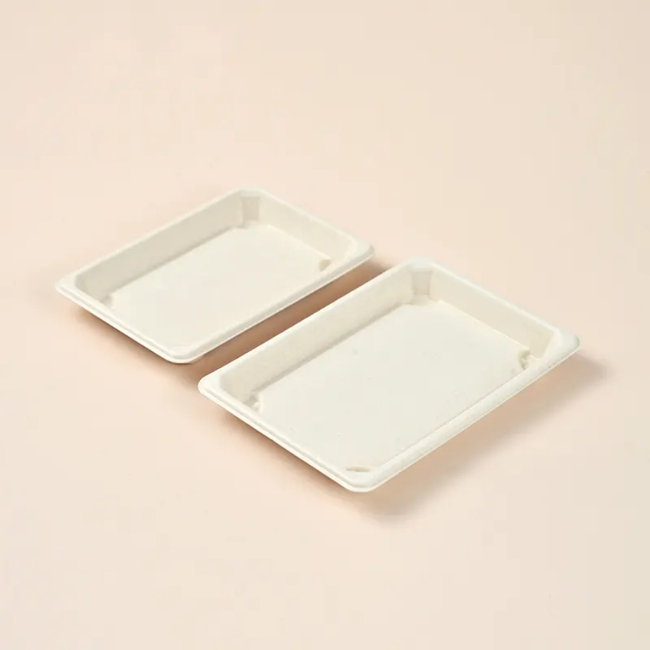 New Material Biodegradable Sugarcane Bagasse Paper Pulp Tableware Disposable Sushi Tray with Pet Lid Food Tray