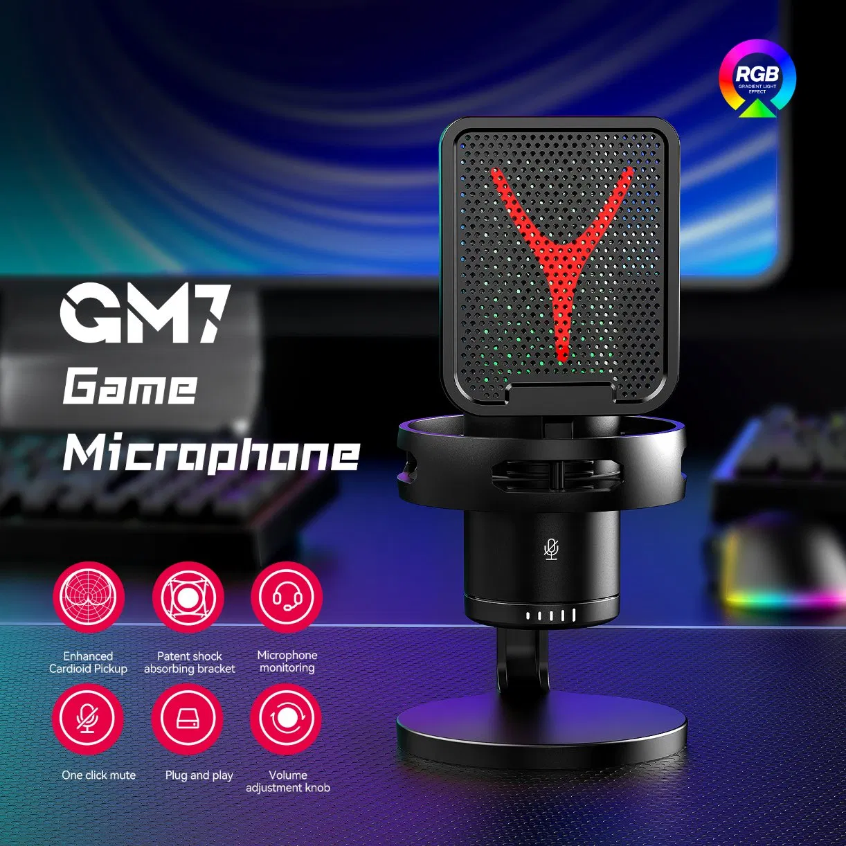 New Hot Selling Condenser Gaming RGB Microphone Streaming USB Game Wired Streamer Live Streaming Recorded Streaming Radio Reception Sound Card Computer Stand
