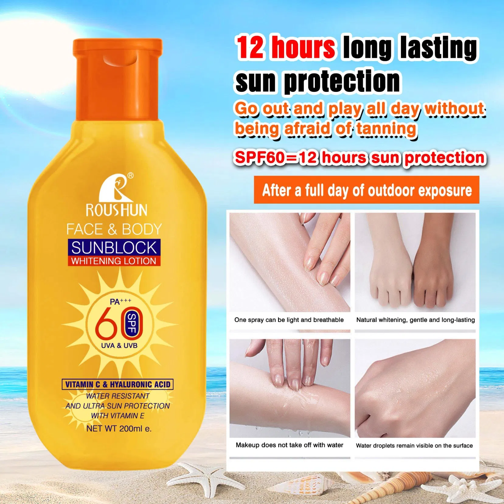 Roushun SPF 60 Sunscreen Face & Body Whitening Lotion Water Resistant