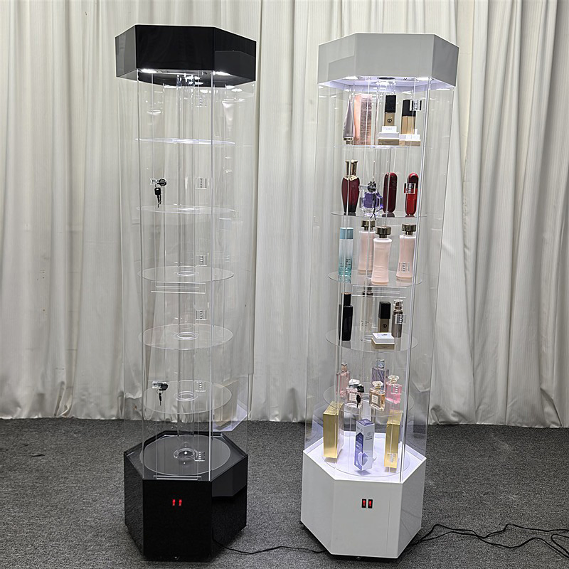 Rotating Perfume Wood Display Stand Spot Light Sunglass Cosmetic Acrylic LED Display Rack