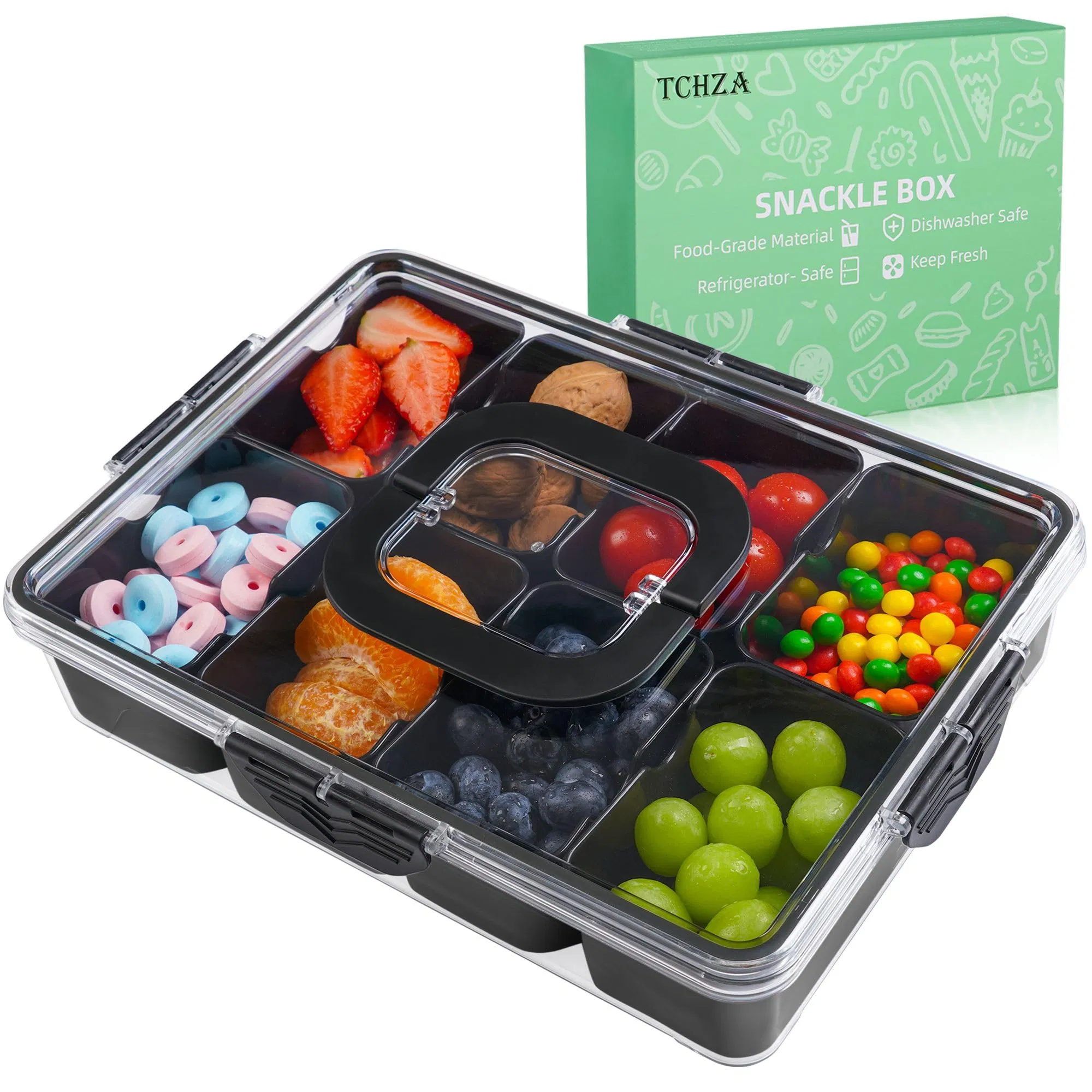 Snackle Box Container, 2 Pack Divided Serving Tray with Lid and Handle, Snack Box Charcuterie Container for Portable Snack Platters, Fruits, Travel, Party