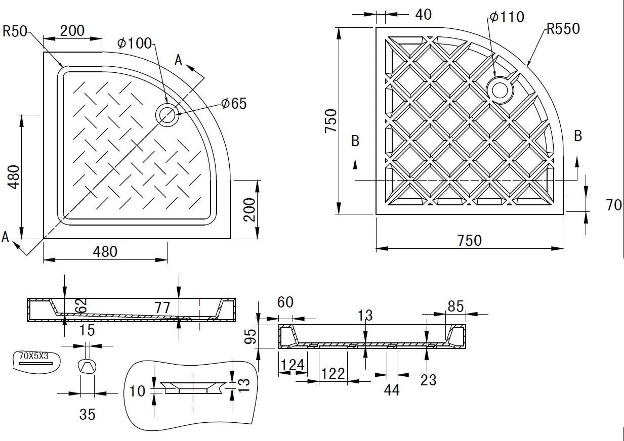 Ocst-75075090f White Fan-Shape Ceramic Shower Tray in Size 750X750X90mm