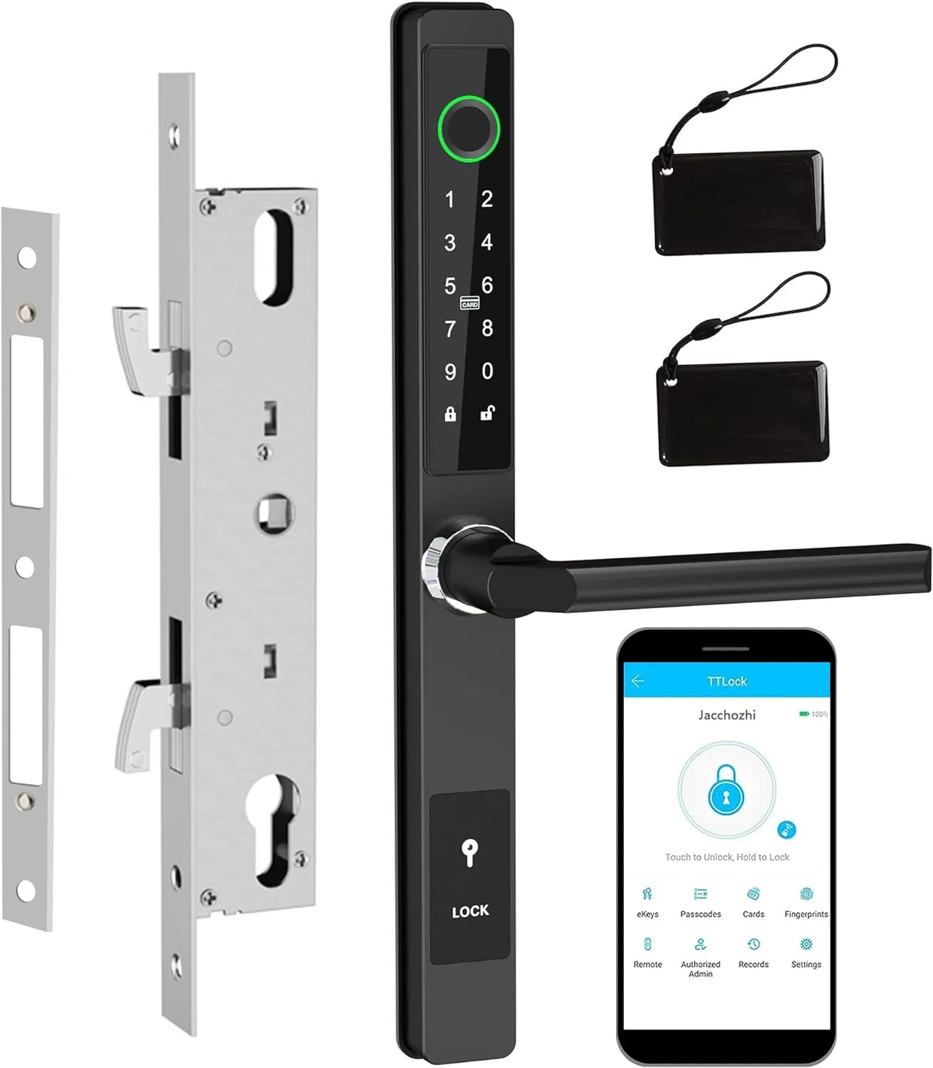 Waterproof Outdoor Ttlock APP BLE Slim Fingerprint Password Card Key Mobile Remote Unlock Smart Door Lock Electronic Sliding Glass Lock for Thin Door