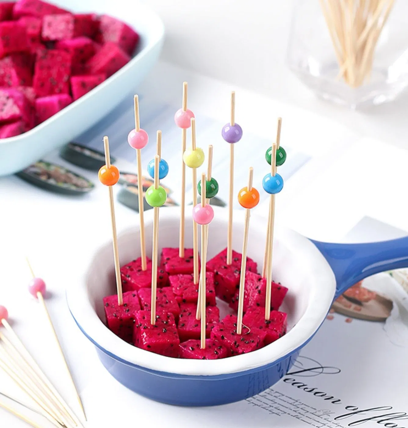 Food Grade Eco-Friendly Plancha Disposable Fruit Picks Cocktail Picks Bamboo Fruit Picks with Ball Heart Star Pattern
