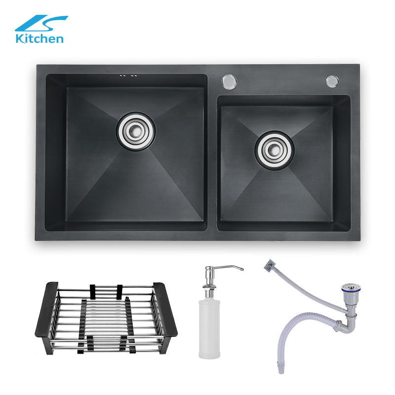 Commercial 201/304 Black Nano Double Bowl Handmade Stainless Steel Kitchen Sink with CE Sink Certificate Fregadero De La Cocina