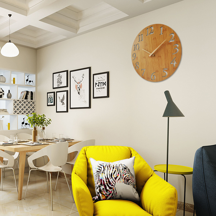 Customizable 12 Inch Bamboo Wood Round Wall Clock Laser Cut Engraved Numbers Modern Simple Style with Wood Hands