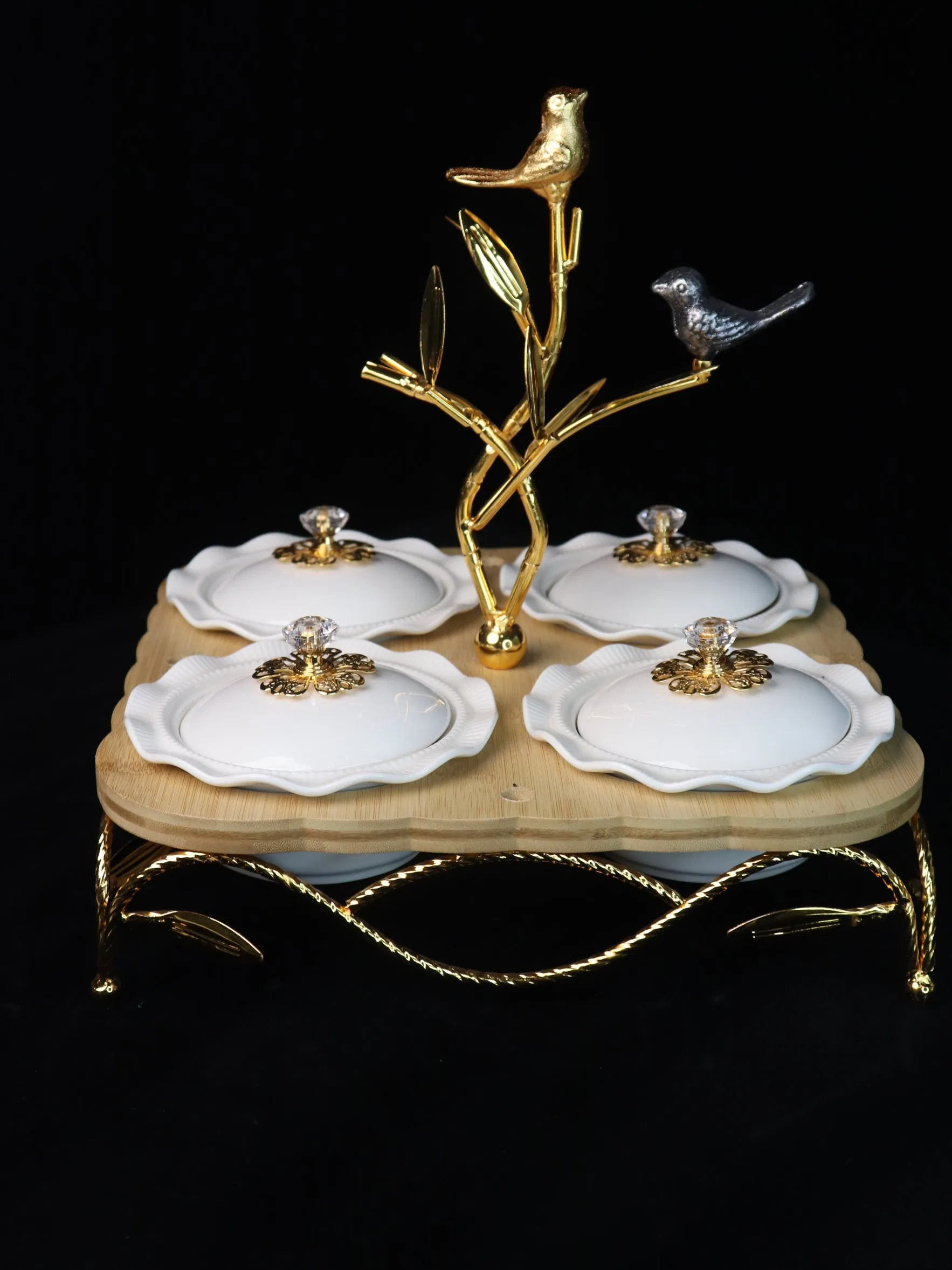 Home Ornament Gold-Plated Iron Frame with Large Size Four-Panel White Ceramic Bowl