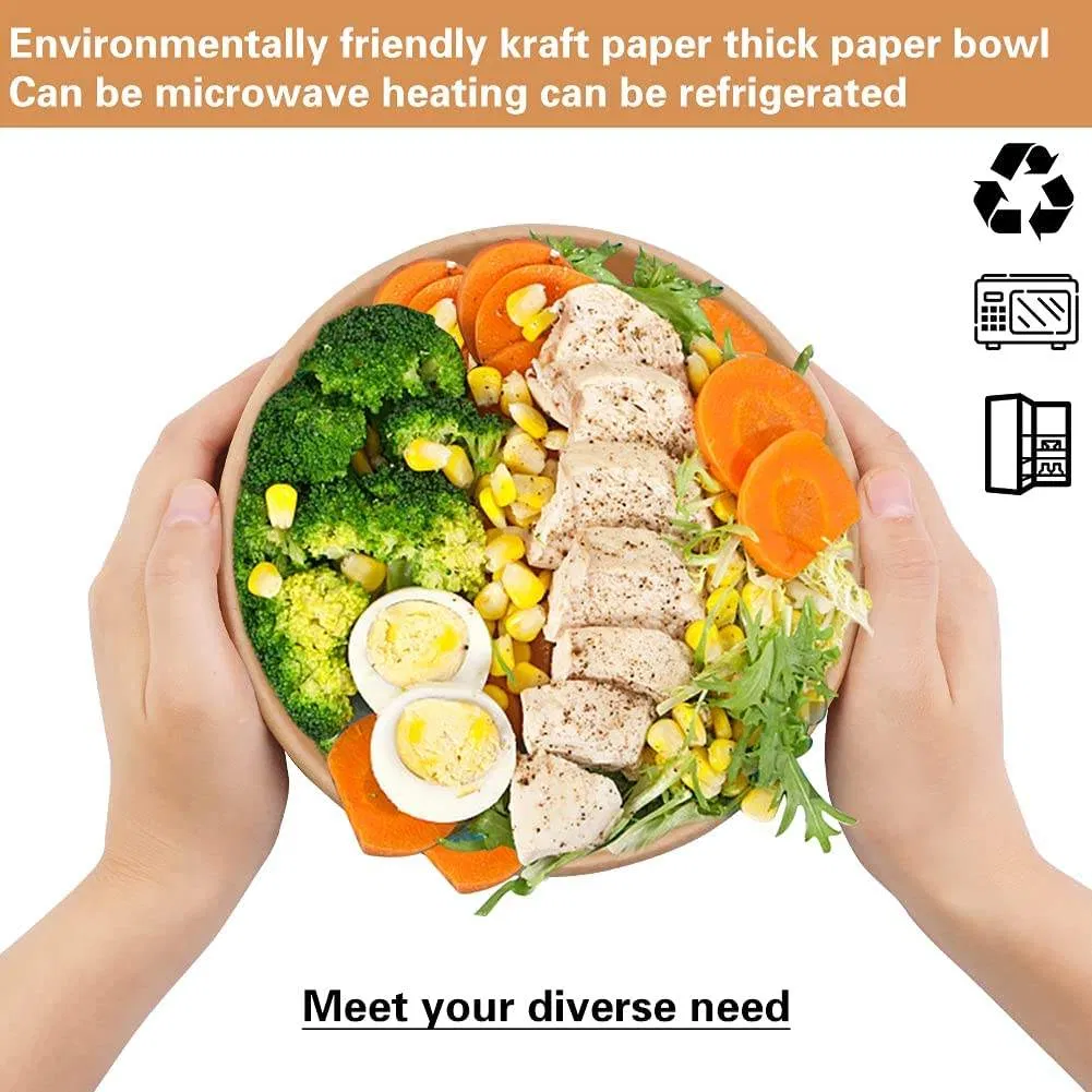 Custom Printed Kraft Salad Bowl Compostable Disposable Food Container with Lid for Restaurant