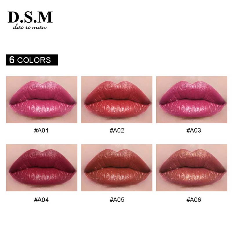 Dsm Waterproof Cosmetics 6 Color Red Lip Stick Women Lipstick