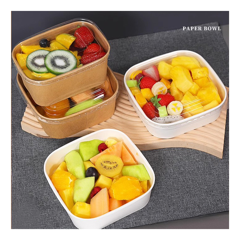 Custom Logo Printing Disposable 16oz Fruit Vegetable Packaging Container with Lid Eco-Friendly Square Kraft Paper Bento Soup Noodle Rice Salad Lunch Bowl