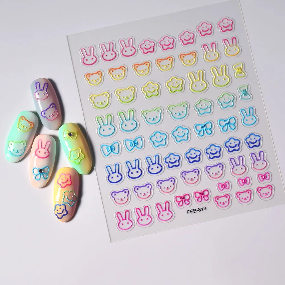 Hot Selling Lovely Bunny Bow 5D Cartoon Nail Sticker Decals