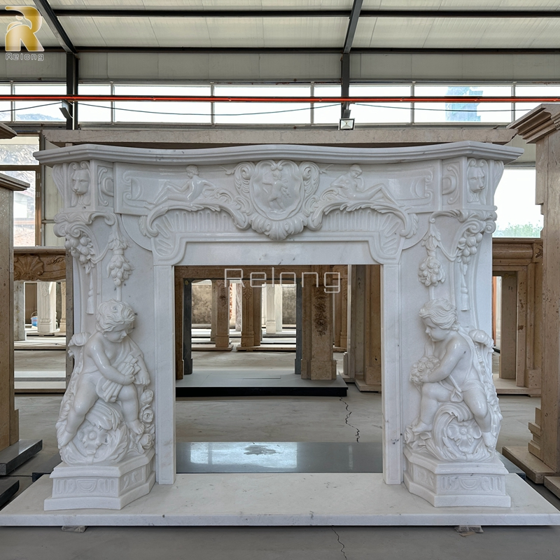 Interior Home Ornate Pure White Marble Fireplace Surround