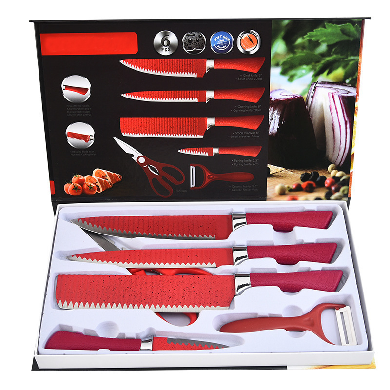Набор кухонных ножей 6 шт с цветными ручками и антипригарным покрытием