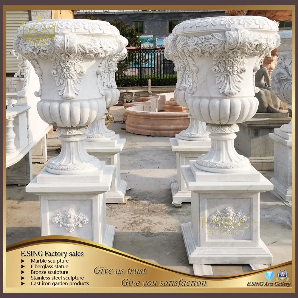 Large Decorative Hand Carved White Marble Flower Planter
