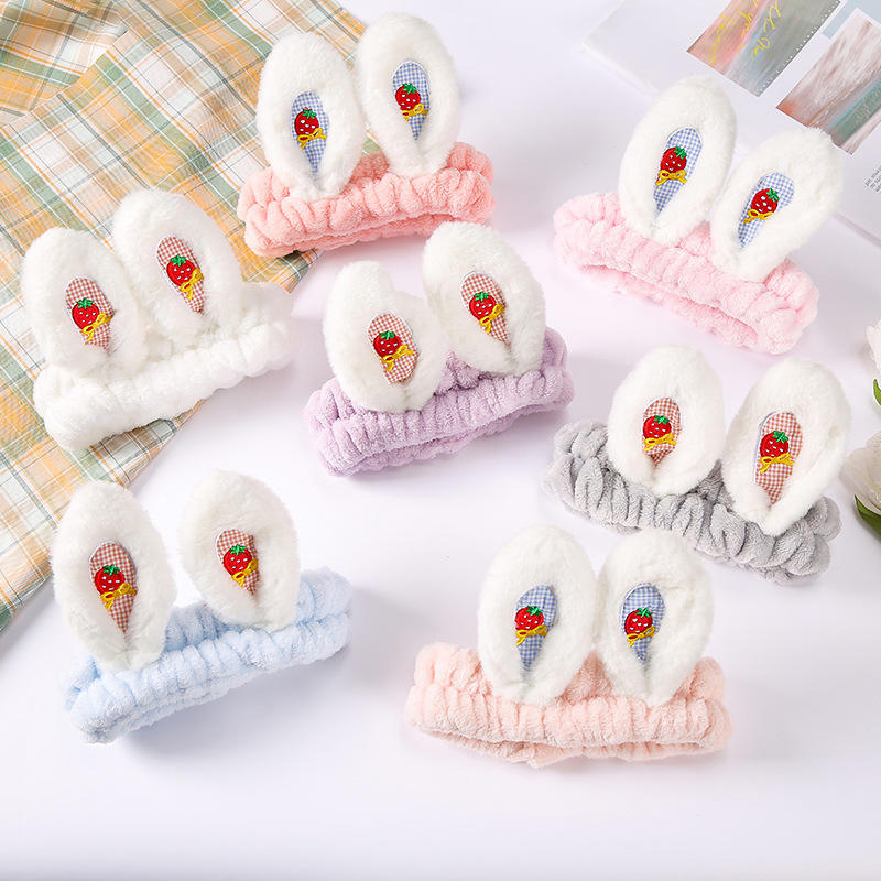 Women Fashion Soft Flannel Bunny Ear Cosmetic Shower Elastic Headband