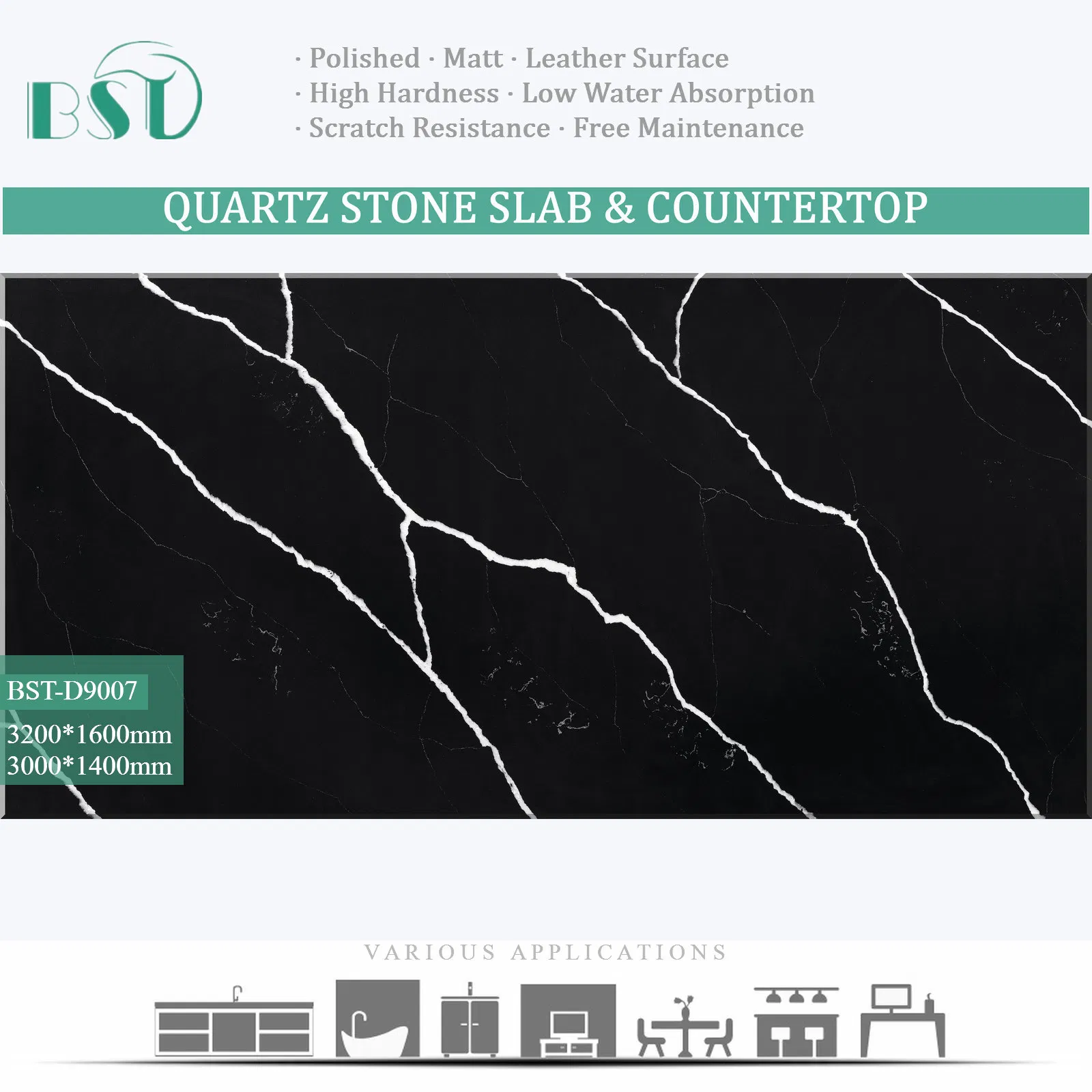 Engineered Pure Black Calacatta Silica Free Stone Surface Kitchen Countertop