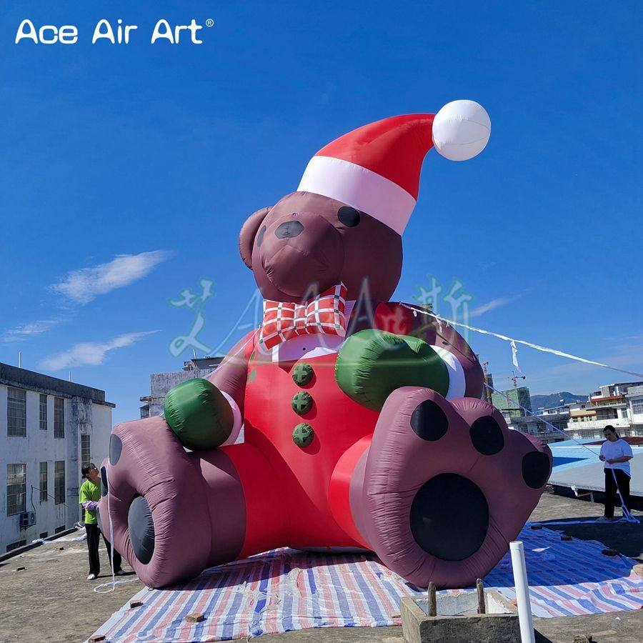 6mh Giant Inflatable Brown Bear with Hat Inflatable Cartoon Mascot Animal for Christmas Holiday Advertising Event Decoration