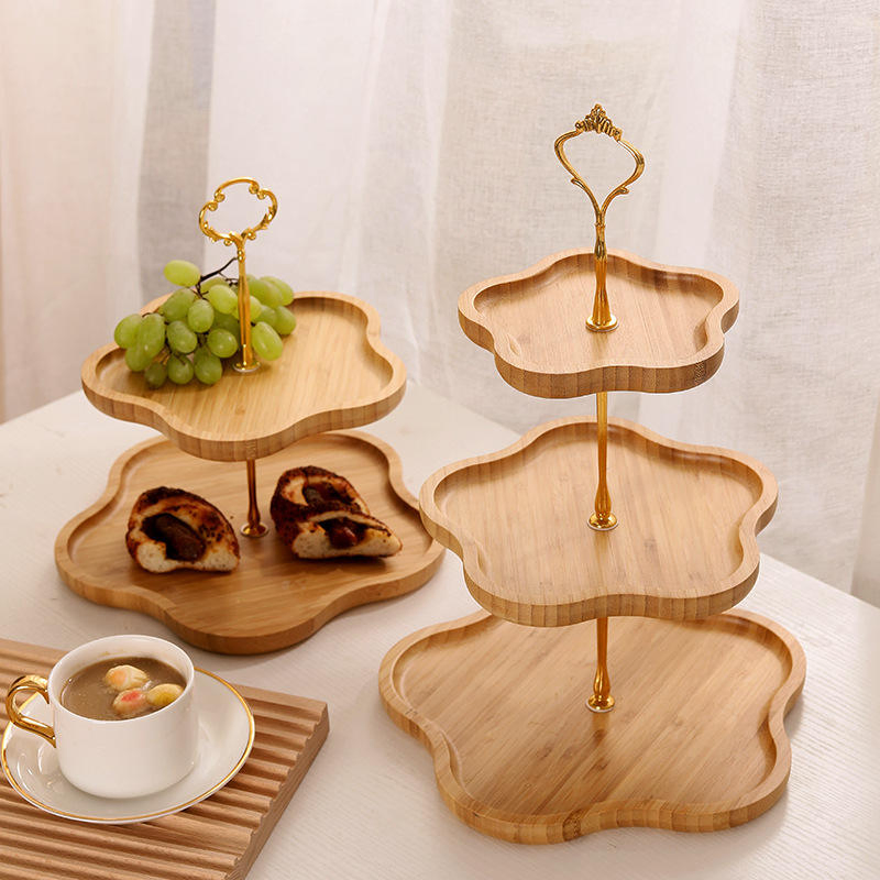 Wholesale Wedding Party Fruit Candy Cookie Serving Tray Kitchen Multi Layer Bamboo Cake Tray 3 Tier with Stainless Steel