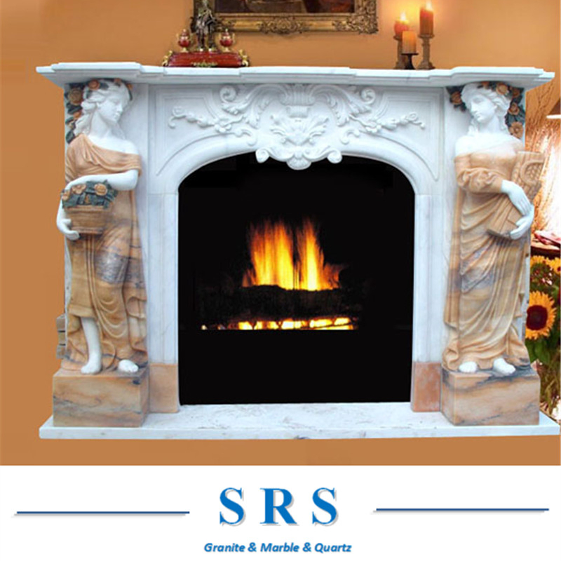 Designed Carved Limestone White Marble Fireplace Mantel