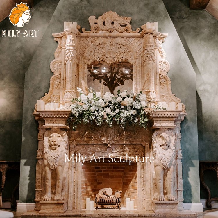 Antique Natural Stone Fireplace Mantel 2 Layer Marble Fireplace with Lion Statues for Wedding