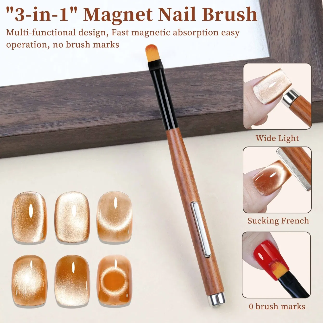 New 3 in 1 Strong Magnet Nail Brush Sandalwood Dual Head Ultra Thin Phototherapy Pen Multi-Function Cat Eye Magnet Nail Art Tools