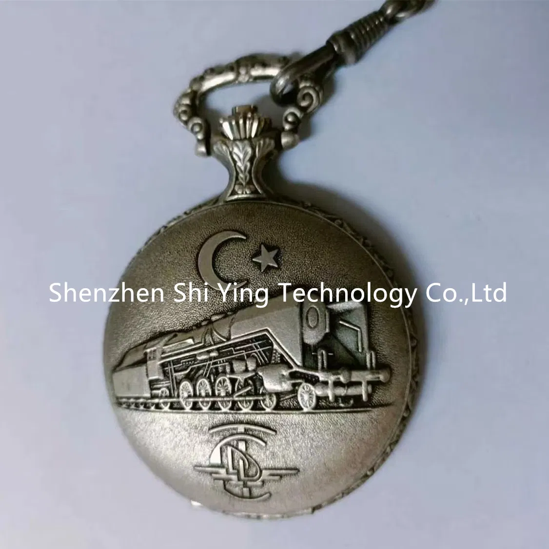 Custom Retro Vintage Railroad Gold Train Embossed Pocket Watch with Chain