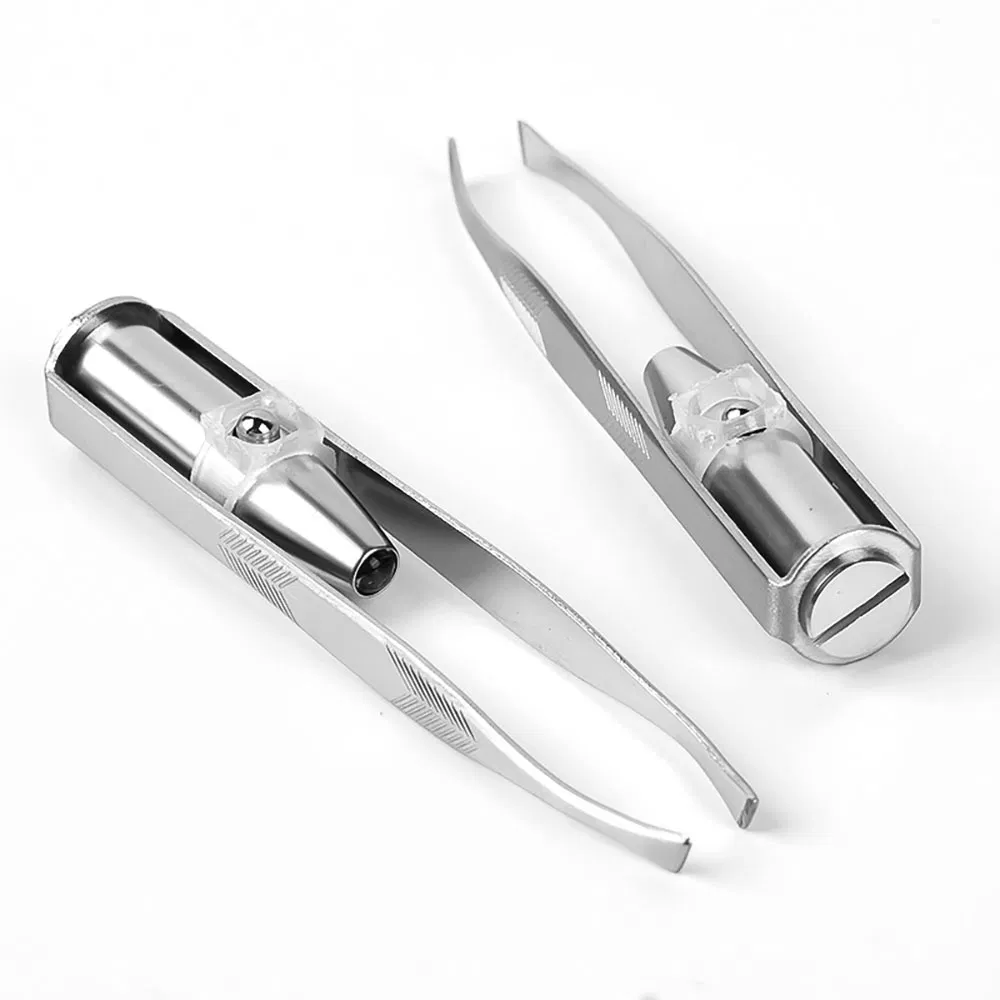 Stainless Steel Eyelash Clipper Beauty Makeup Tool Slanted Tip Lashes Eyebrow Tweezers with LED Light