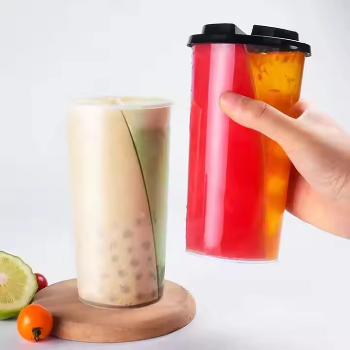 Custom 22oz Disposable Plastic Cups PP & Pet Material 2 Compartment Bubble Boba Tea Cups