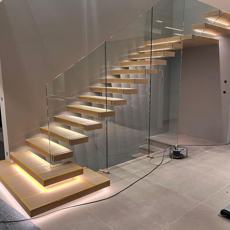 Stringer Wooden Floating Hidden Cantilever Stairs Tempered Floating Staircase with LED Light