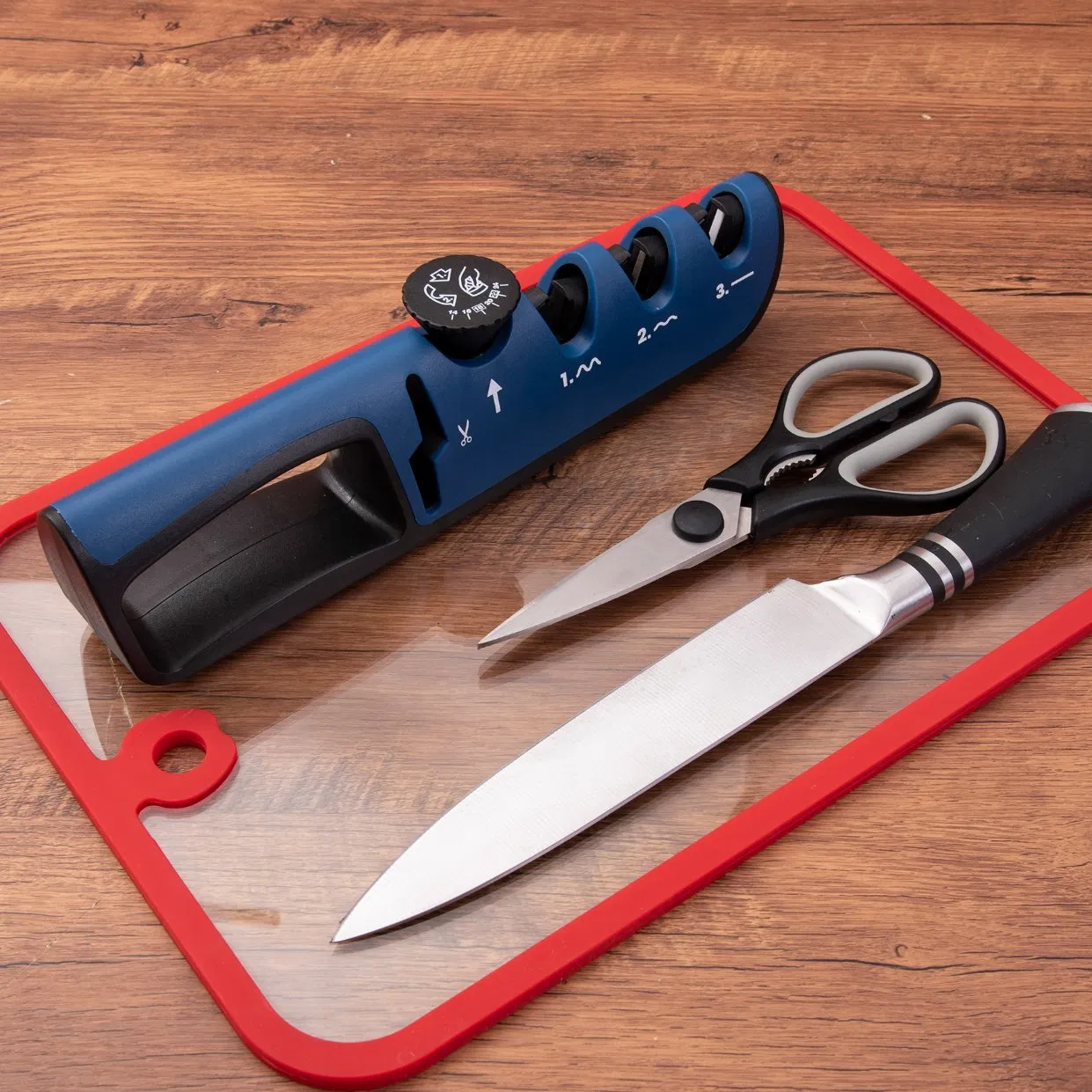 Blue Adjustable Manual Knife Sharpener 16-22° 3-Stage with Scissor Sharpening Slot