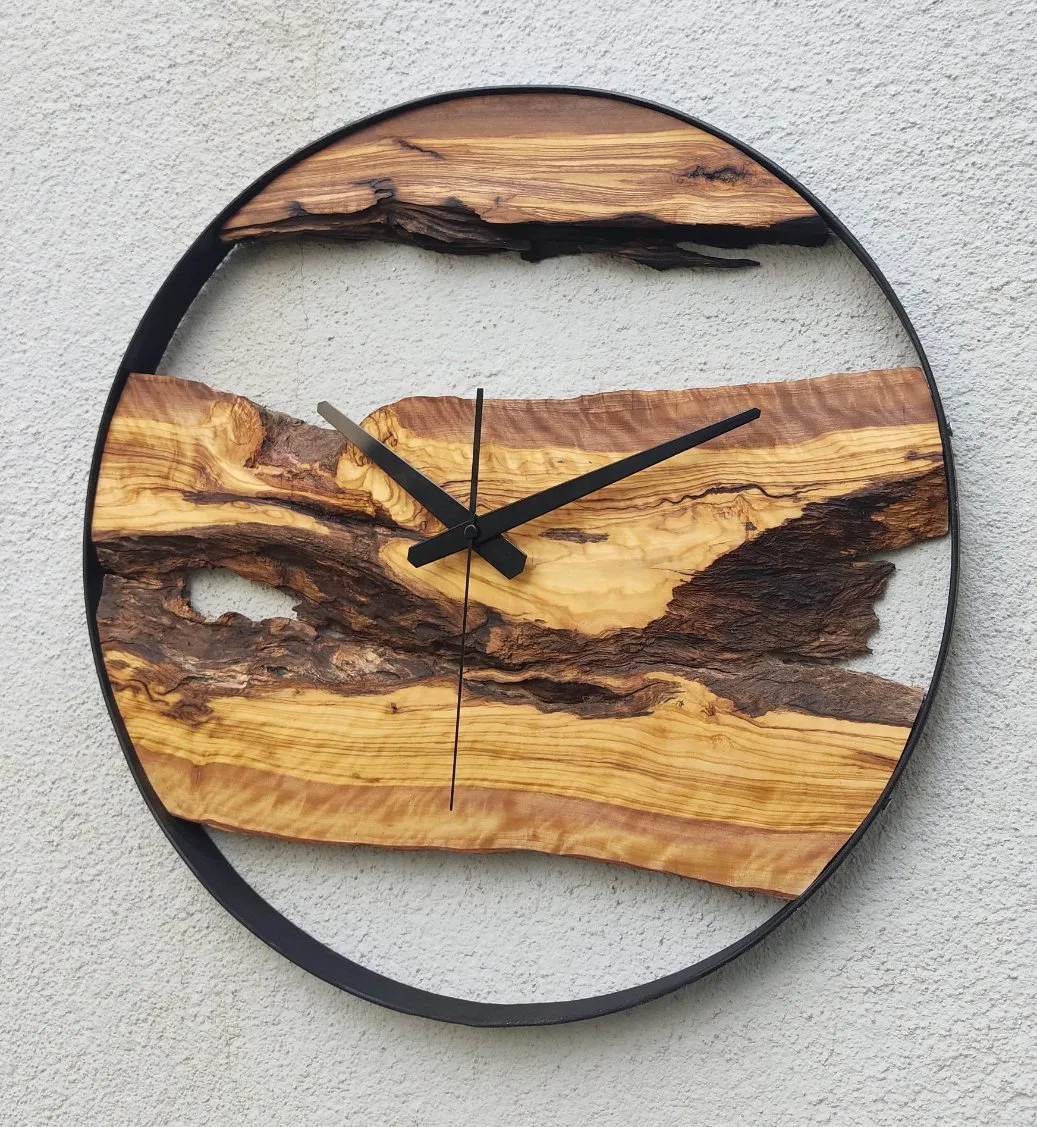 Made to Order Metal Olive Wood Wall Clock Big Wood and Metal Wall Clock Live Edge Rustic Clock Wooden Wall Art Unique Home Gift