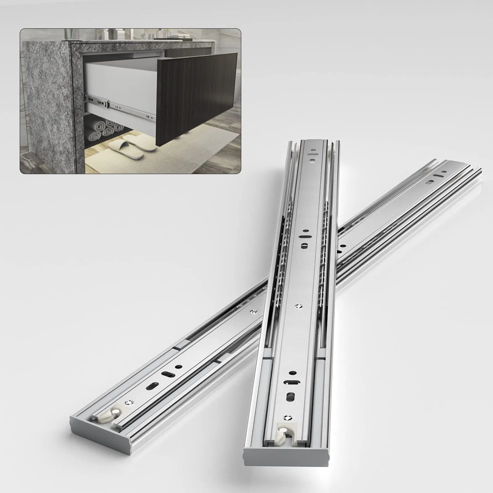Push Open Drawer Slides Full Extension Rail 12-24 Inch Handleless Side Mount