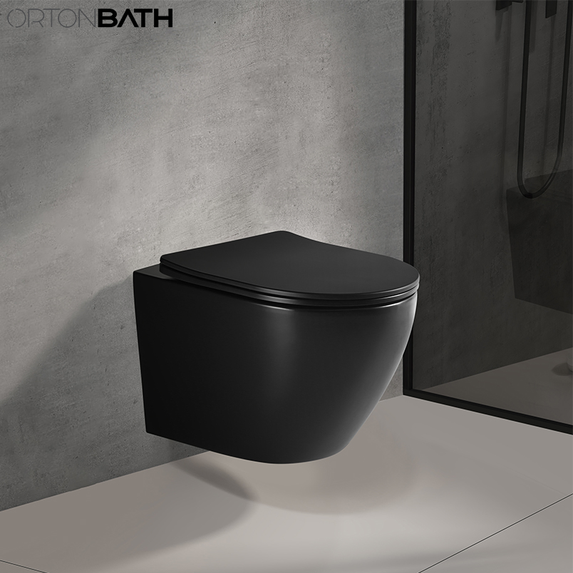 Ortonbath Modern Rimless Wall Hung Wc Matt Black Ceramic Toilet with UF Slim Soft Close Seat Ceramica Inodoro Sanitary Ware Wc Wall Mounted Toilet