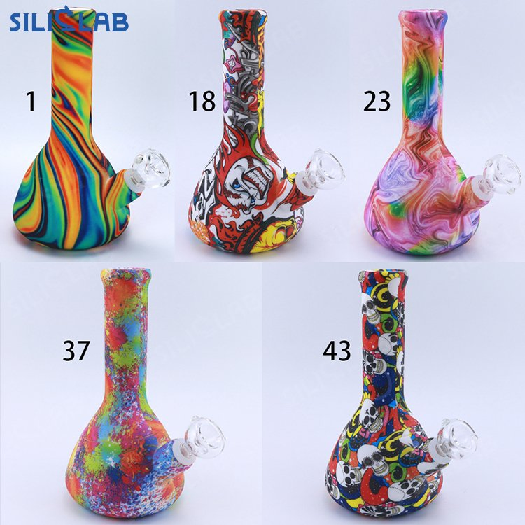 8.5 Inch Custom Pattern Silicone Bubbler Water Pipe Detachable Two Parts Beaker Base Straight Smoking Mouth Smoke Filter Pipe
