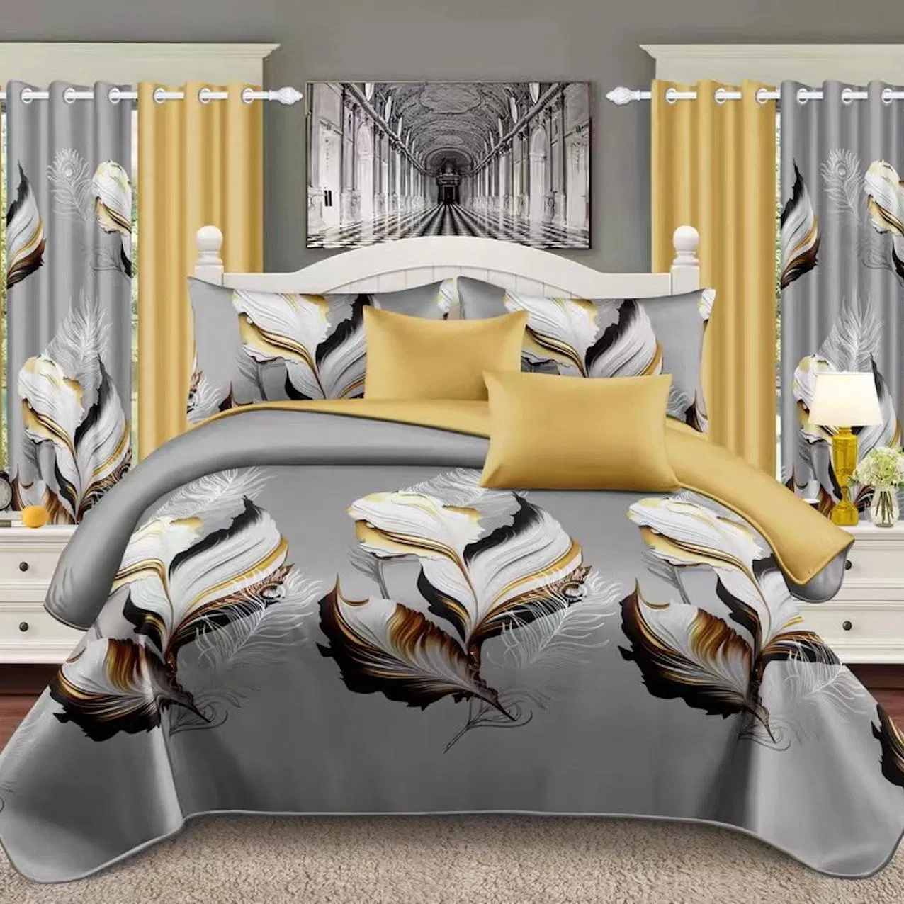 Grey Floral Printing Polyester Bed Cover Curtains Pillowcases 11PCS Bedding Set Microfiber Home Hotel Textile ODM/OEM Plant Quilted Bed Sheets Bedspread