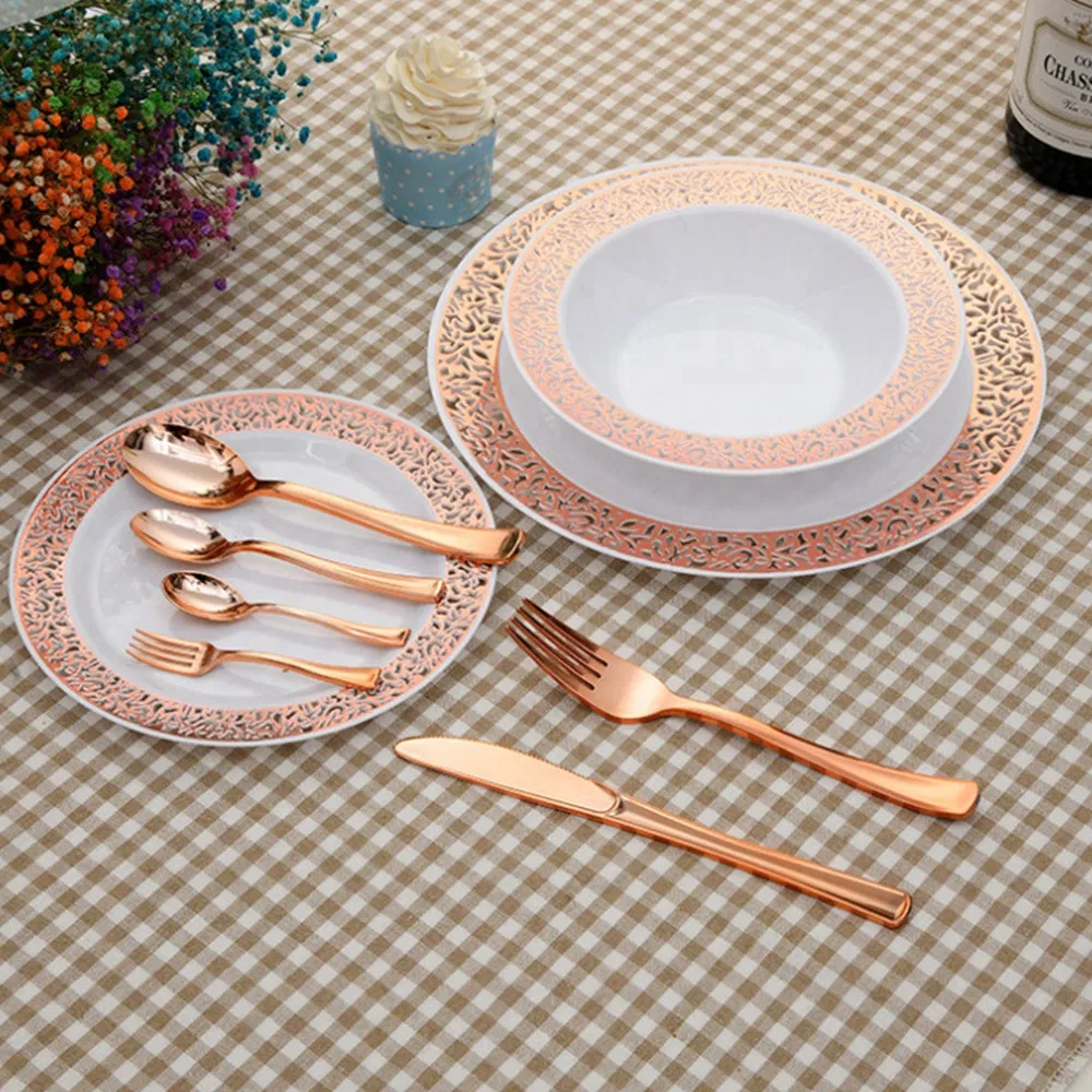 Elegant 10.25 Inch Dinner Plastic Plates with Gold Silver Rim Disposable Plates Knives Fork Spoon Wedding Christmas Dinner