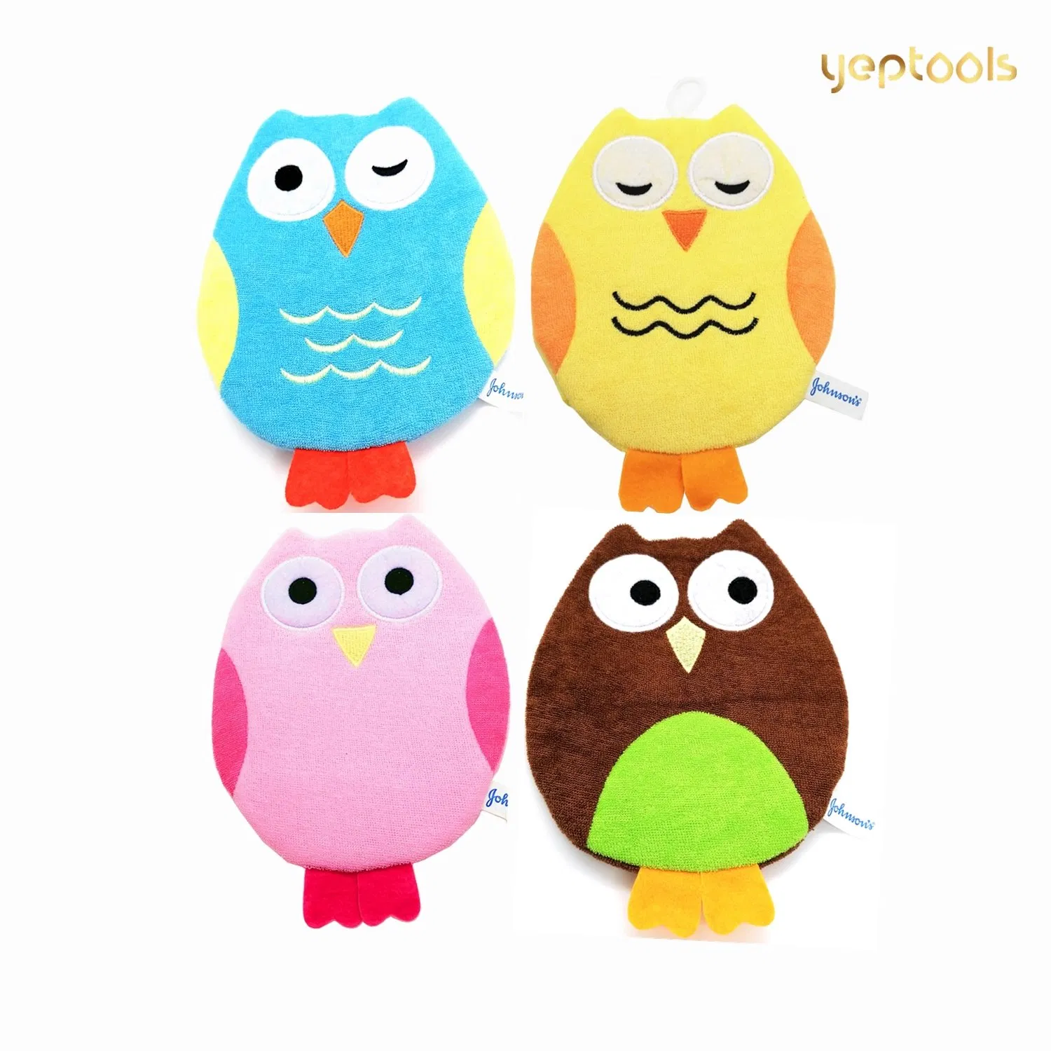 Promotion Gift 4PCS Cartoon Owl Shaped Baby Kids Bath Shower Gloves Bath Sponges Hand Puppet Bath Wash Mitt Towel Nimal Designs Sets (Pink, Blue, Yellow, Brown)