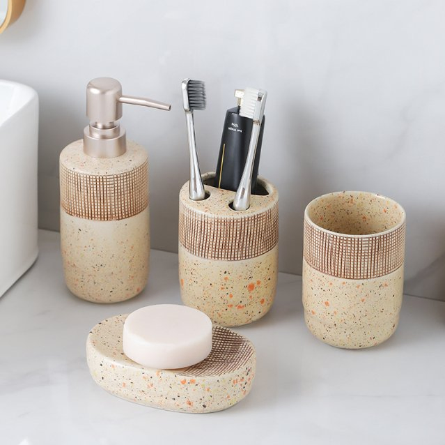 Elegant Ceramic Bathroom Set with Soap Dispenser, Toothbrush Holder