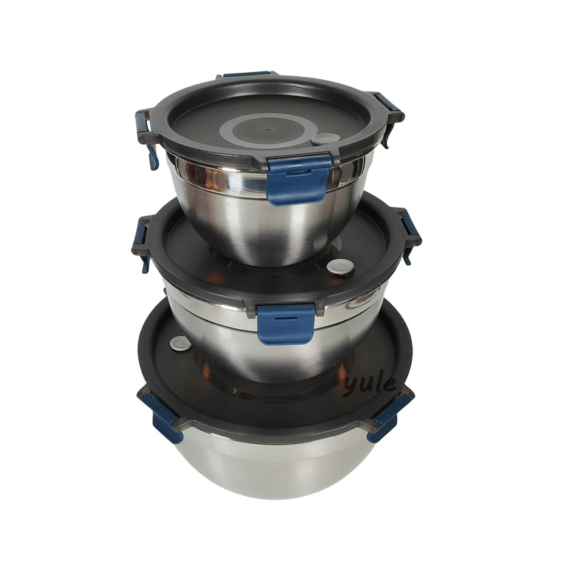Chaozhou Factory Kitchenware Non-Slip Stainless Steel Salad Bowl Mixing Bowls with Seal Lid