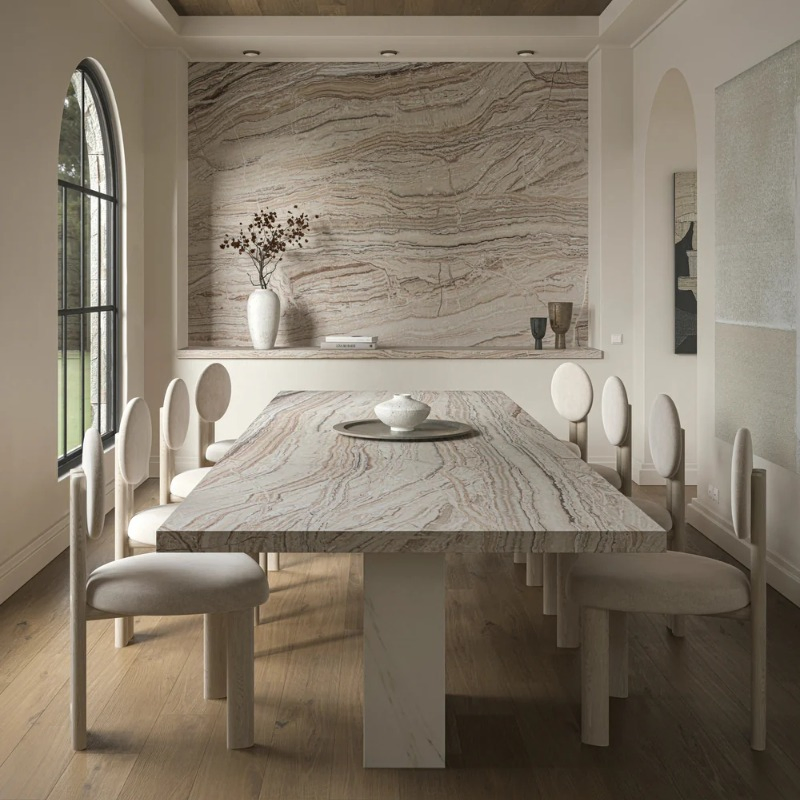 Elegant Veining, Warm Earthy Tones, and Unique Texture Traveronyx Travertine Slab for Kitchen Countertops, Backsplashes, Feature Walls, Fireplace Surrounds